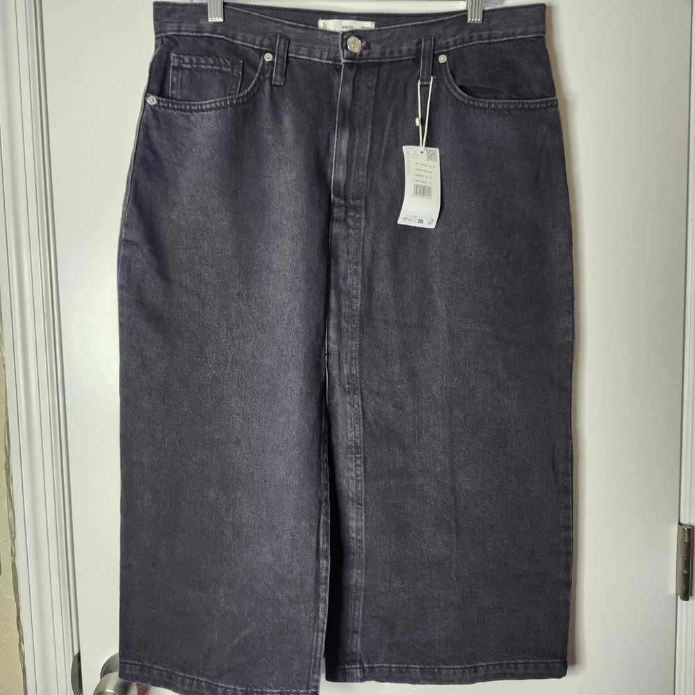 Mango MNG Jeans High Waist Black Denim Midi Skirt XL Front Slit Whimsigoth Grung